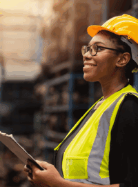 a woman wearing a yellow hard hat and safety vest
