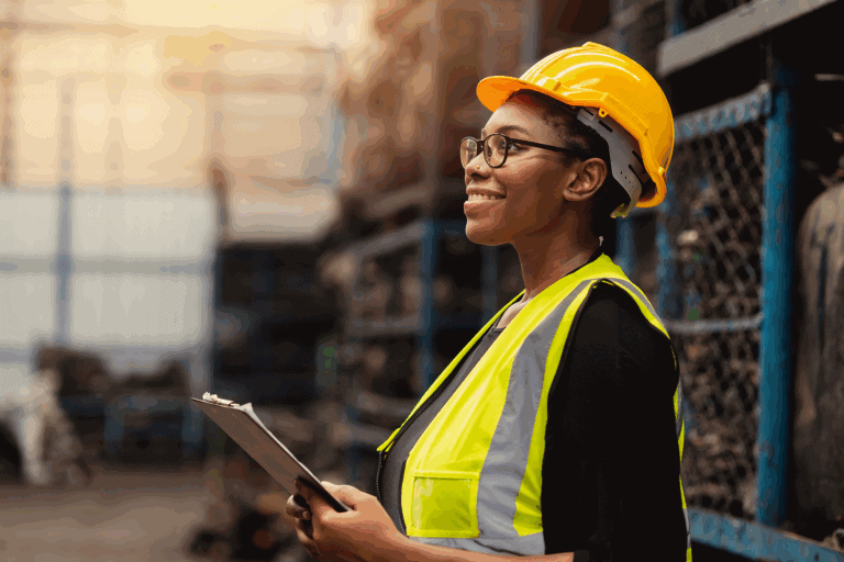 a woman wearing a yellow hard hat and safety vest