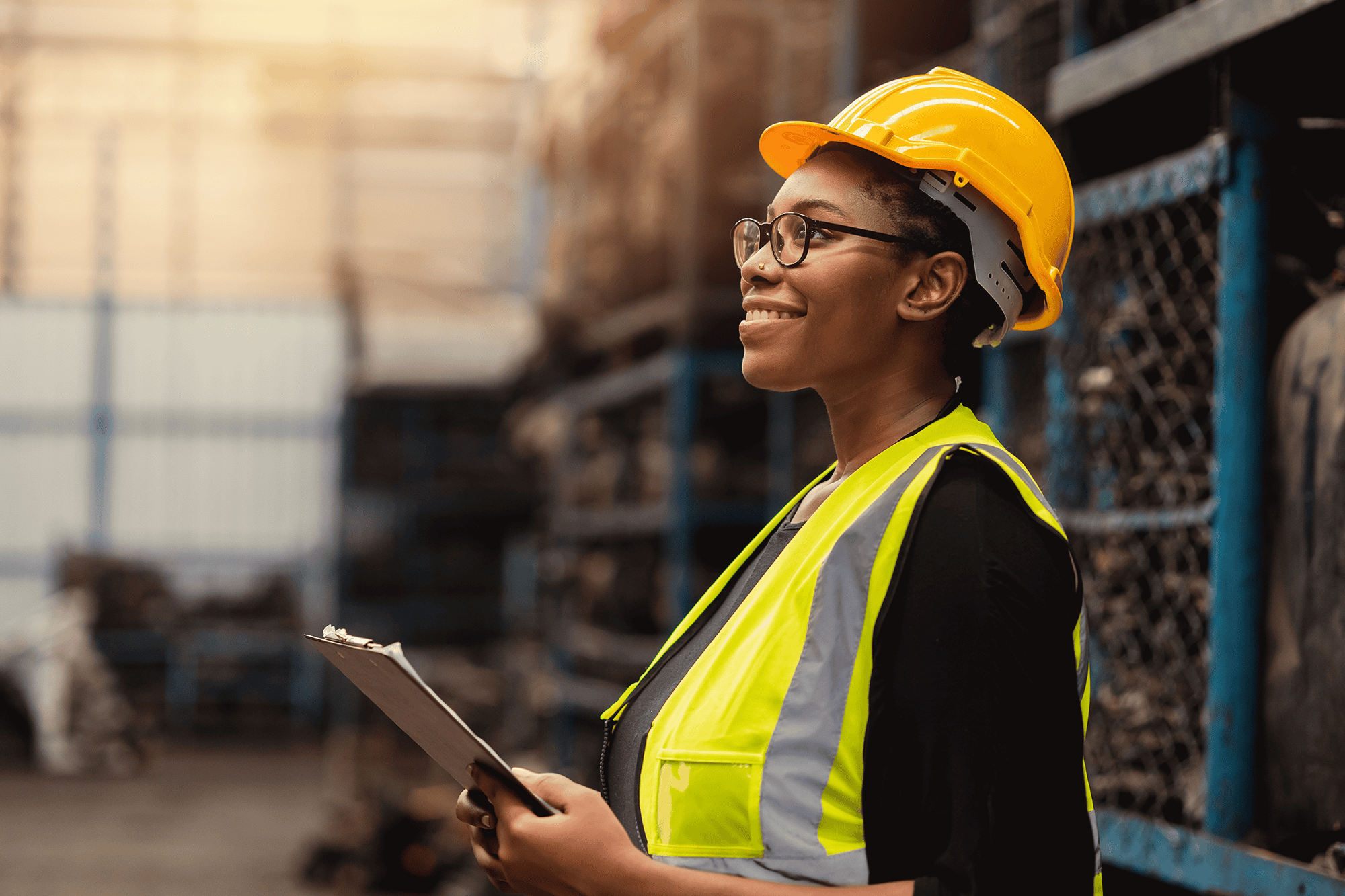 a woman wearing a yellow hard hat and safety vest
